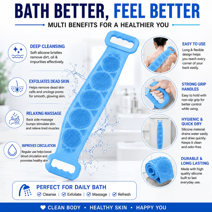 🔥Limited Time 49% OFF🚿 Dual Handle Silicone Back Scrub Strap | Deep Exfoliating Shower Brush